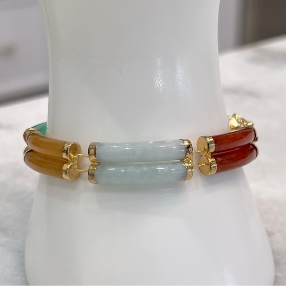 Multicolor Burmese Jade Sterling Silver Double Tube Bracelet - Picture 7 of 11